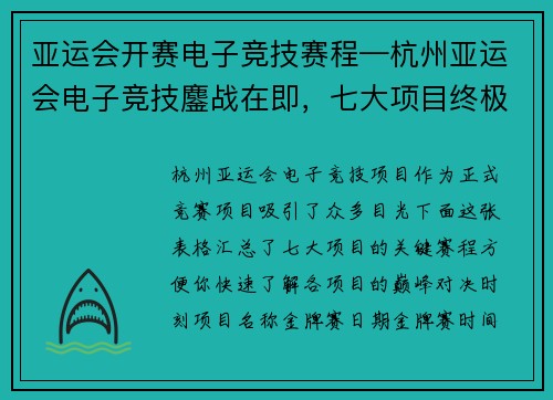 亚运会开赛电子竞技赛程—杭州亚运会电子竞技鏖战在即，七大项目终极赛程出炉